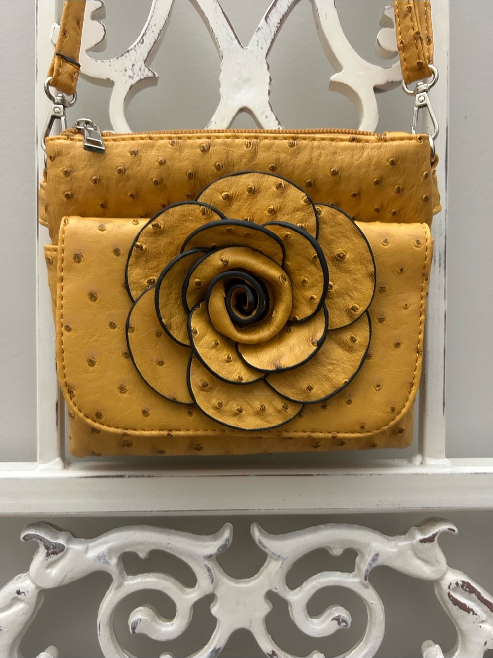 Mustard Yellow Ostrich Embossed Rose Crossbody Bag